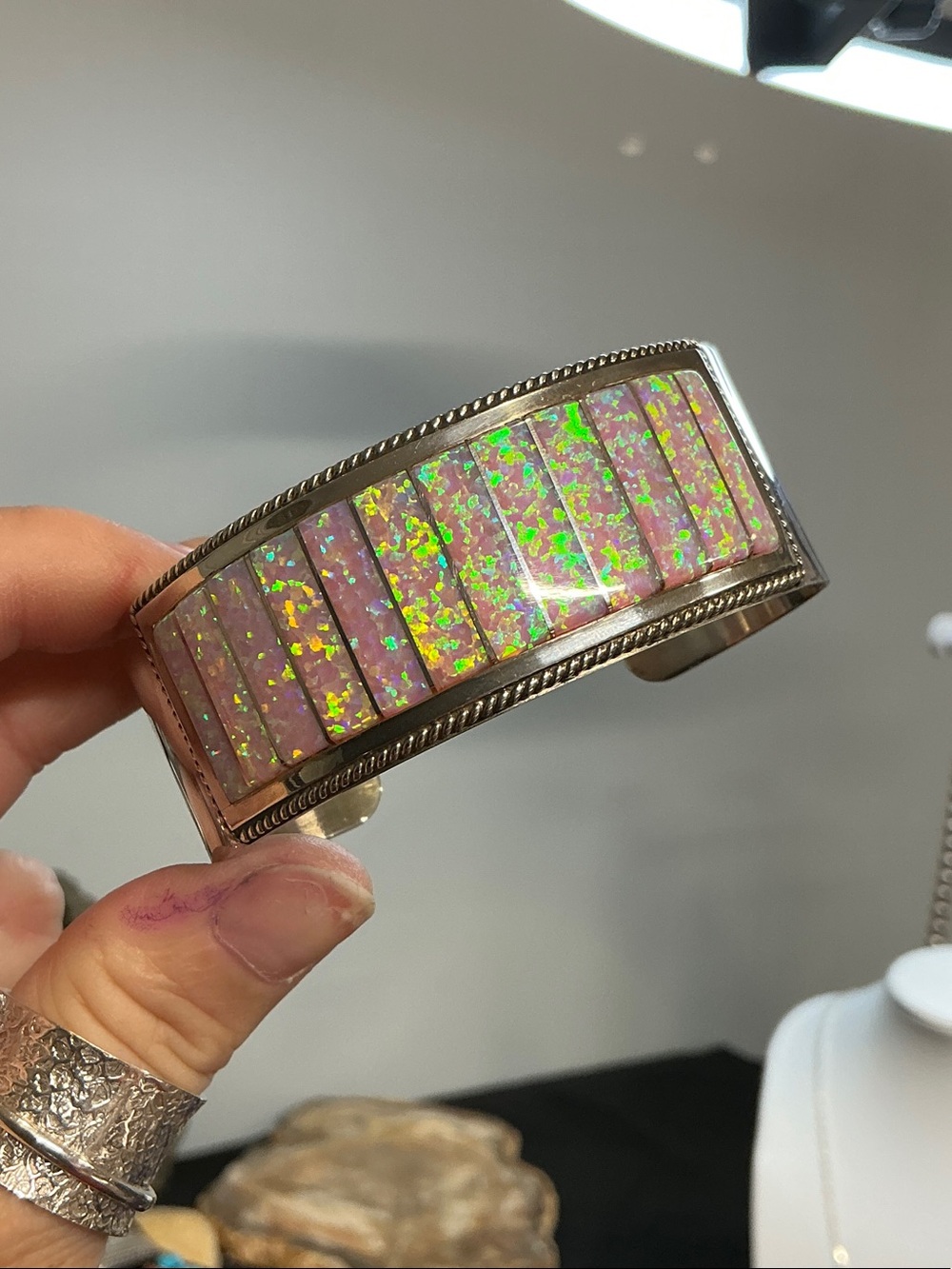 Native signed Emery Leland Zuni Pink Opal Inlay Sterling Silver Cuff